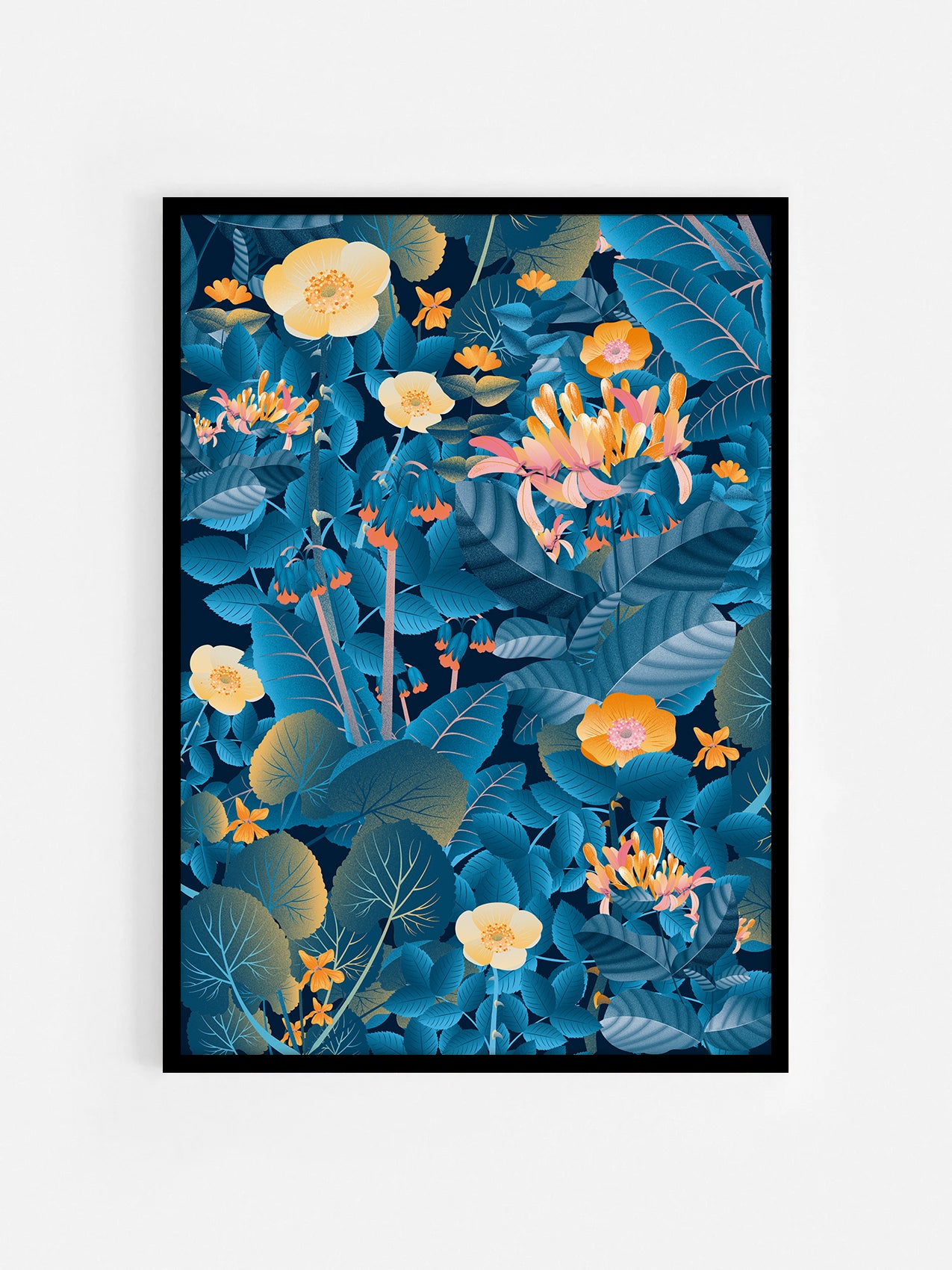 Floral art print 'Flower Fields' with blue, orange, and gold hues, inspired by Shakespeare's enchanted forest - Black Frame
