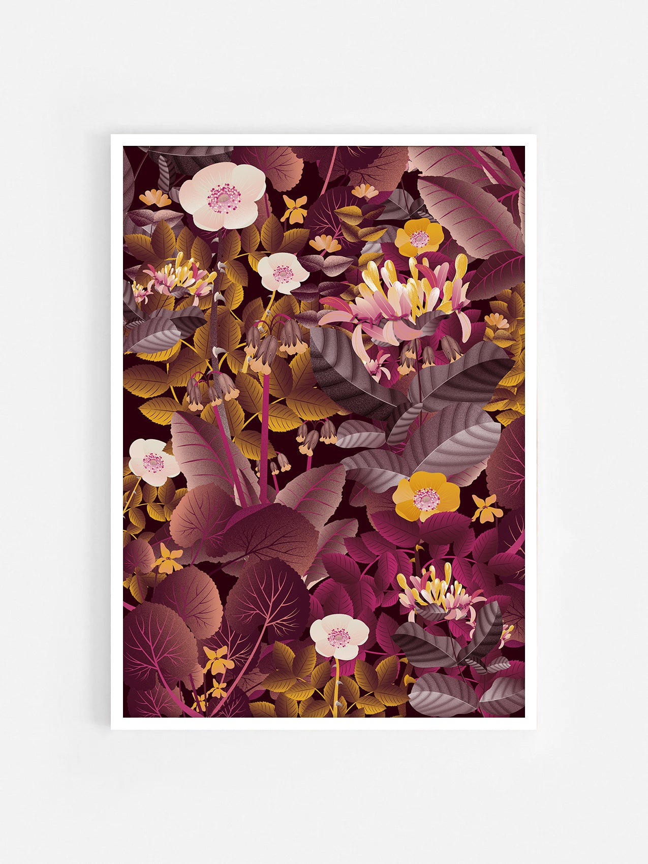 Floral art print 'Flower Fields' with aubergine, rose, and orange hues, inspired by Shakespeare's enchanted forest - White Frame.