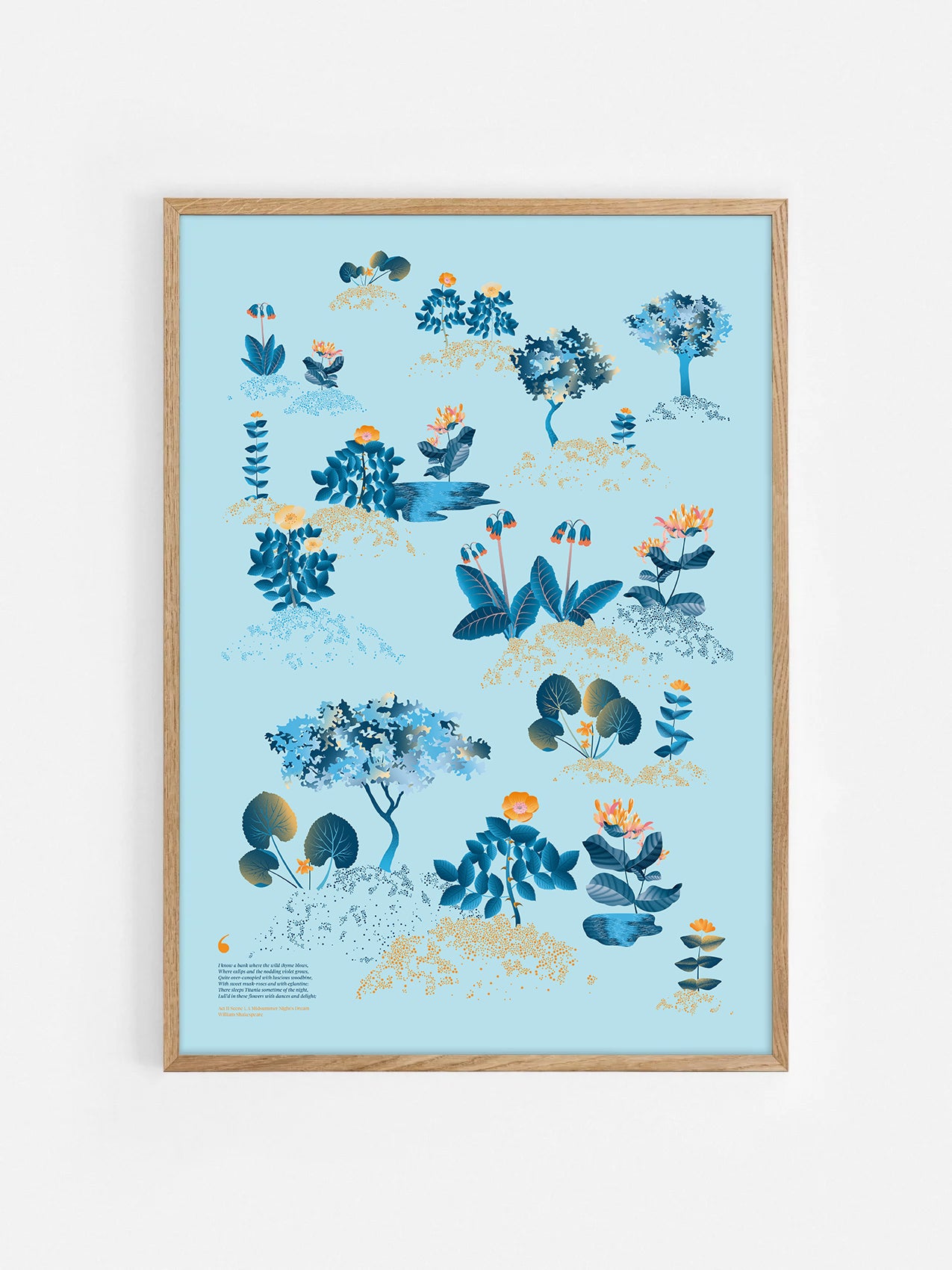 Floral art print 'Midsummer Forest' with blue, orange, and golden hues, inspired by Shakespeare's woodland - Oak Frame.