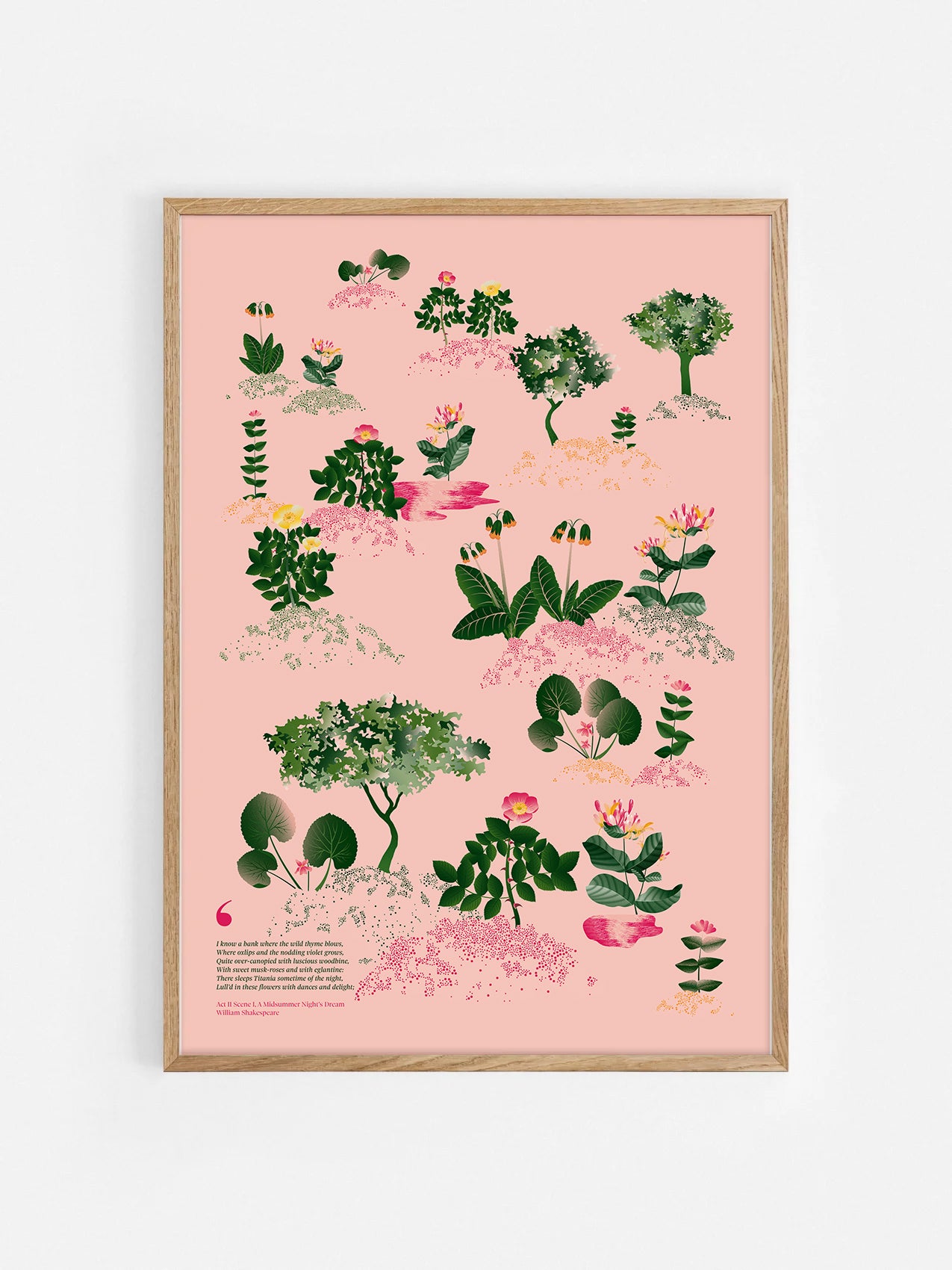 Floral art print 'Midsummer Forest' with forest green, saffron, and magenta hues, inspired by Shakespeare's woodland - Oak Frame.