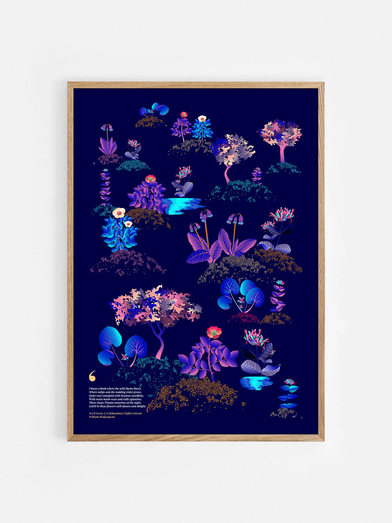 Floral art print 'Midsummer Forest' with electric blue, day-glow, and buttercup hues, inspired by Shakespeare's woodland - Oak Frame.