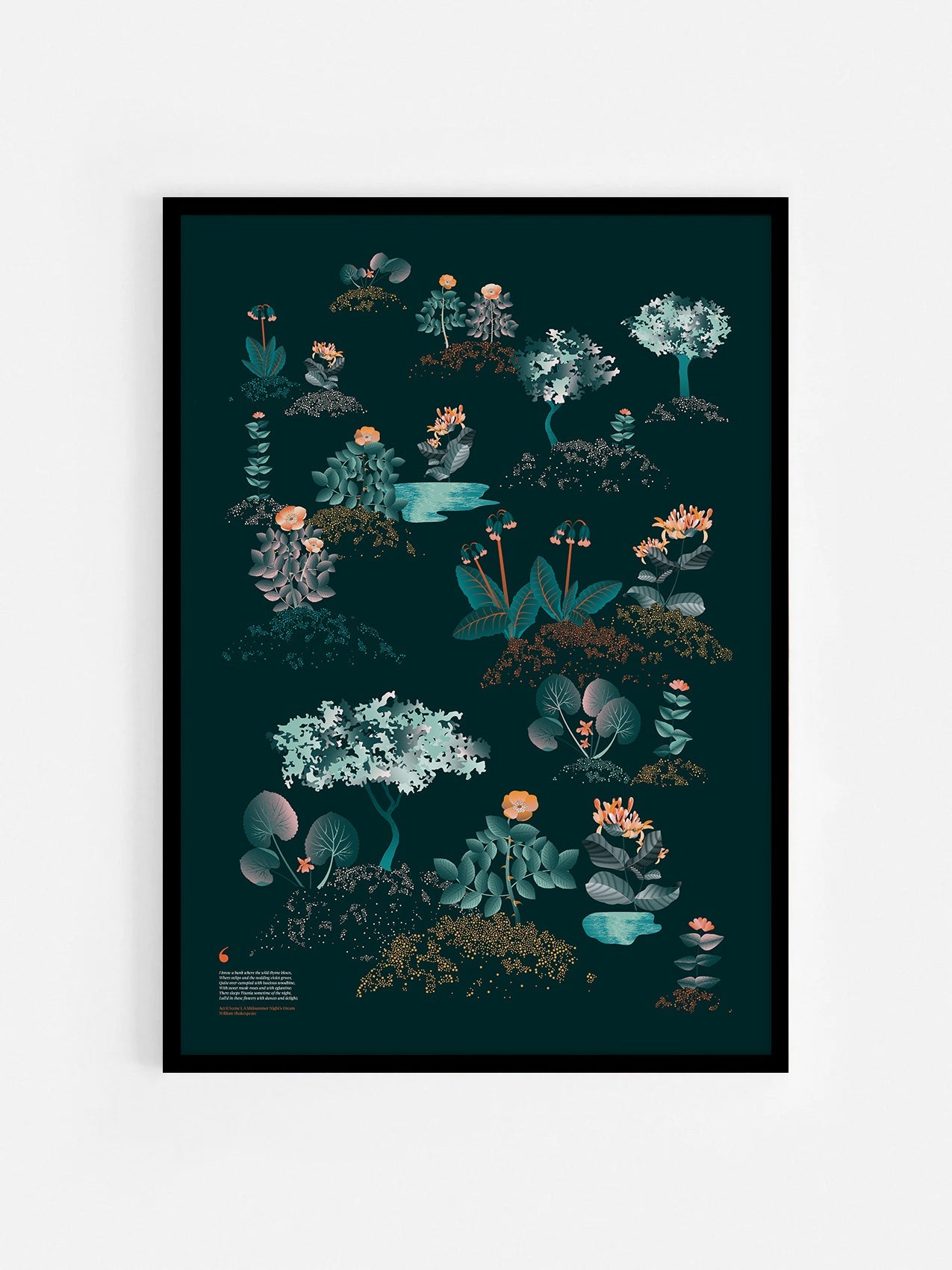Floral art print 'Midsummer Forest' with teal, mandarin, and orange hues, inspired by Shakespeare's woodland - Black Frame.