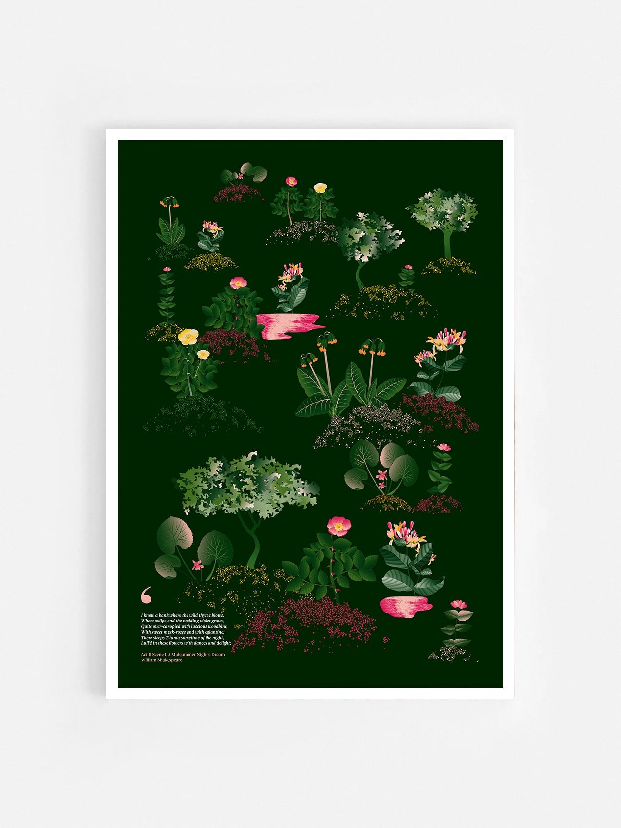Floral art print 'Midsummer Forest' with forest green, saffron, and magenta hues, inspired by Shakespeare's woodland - White Frame.