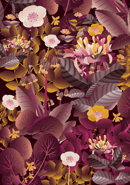 Floral art print 'Flower Fields' with aubergine, rose, and orange hues, inspired by Shakespeare's enchanted forest - Print Only.