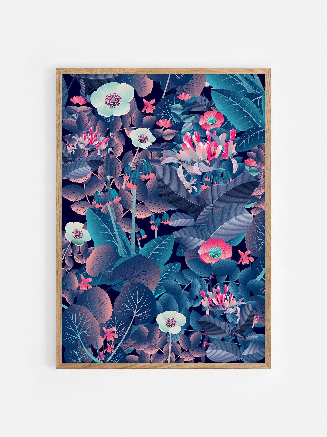 Floral art print 'Flower Fields' with ruby red, turquoise, and vibrant blue hues, inspired by Shakespeare's enchanted forest - Oak Frame
