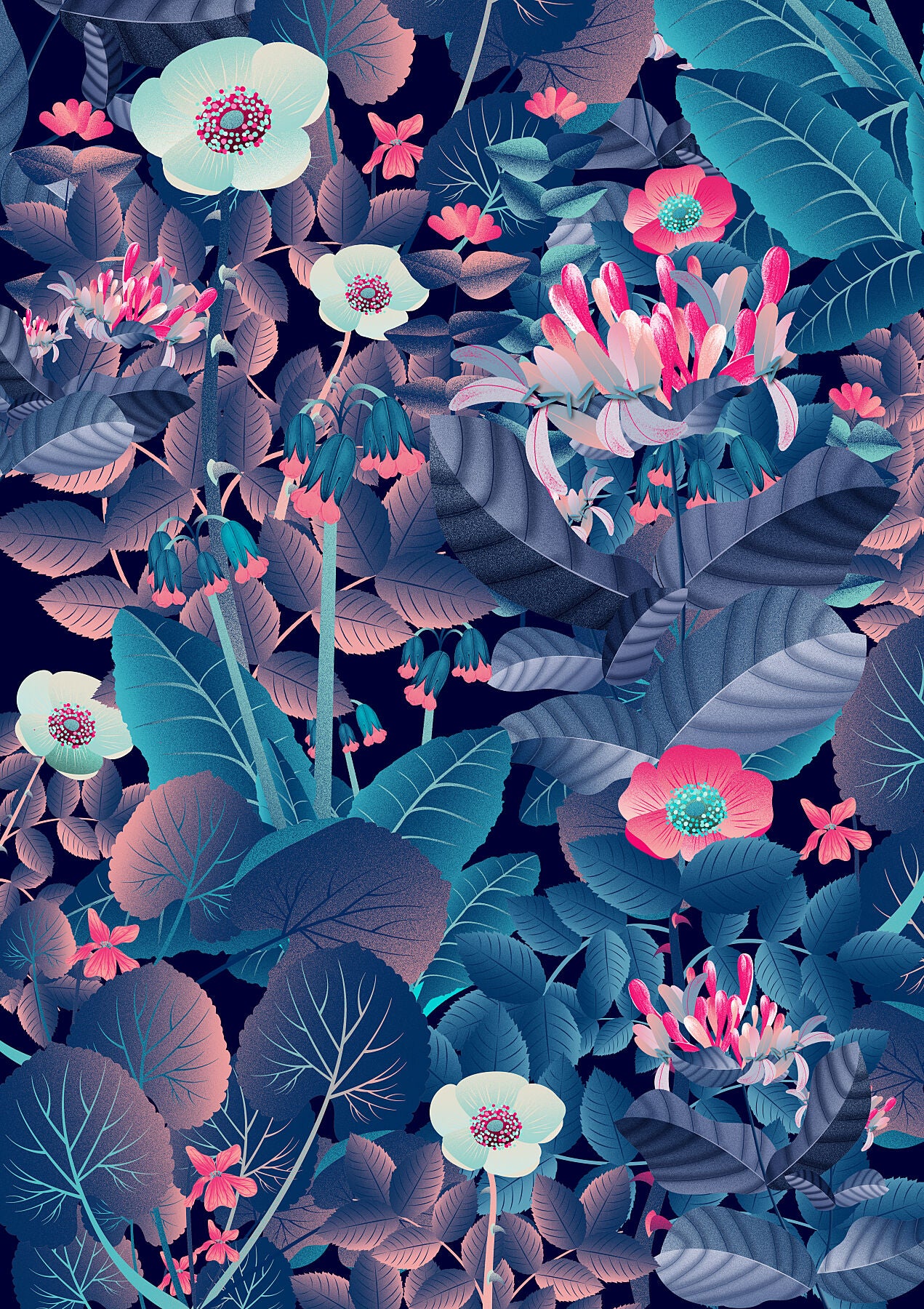 Floral art print 'Flower Fields' with ruby red, turquoise, and vibrant blue hues, inspired by Shakespeare's enchanted forest - Print Only