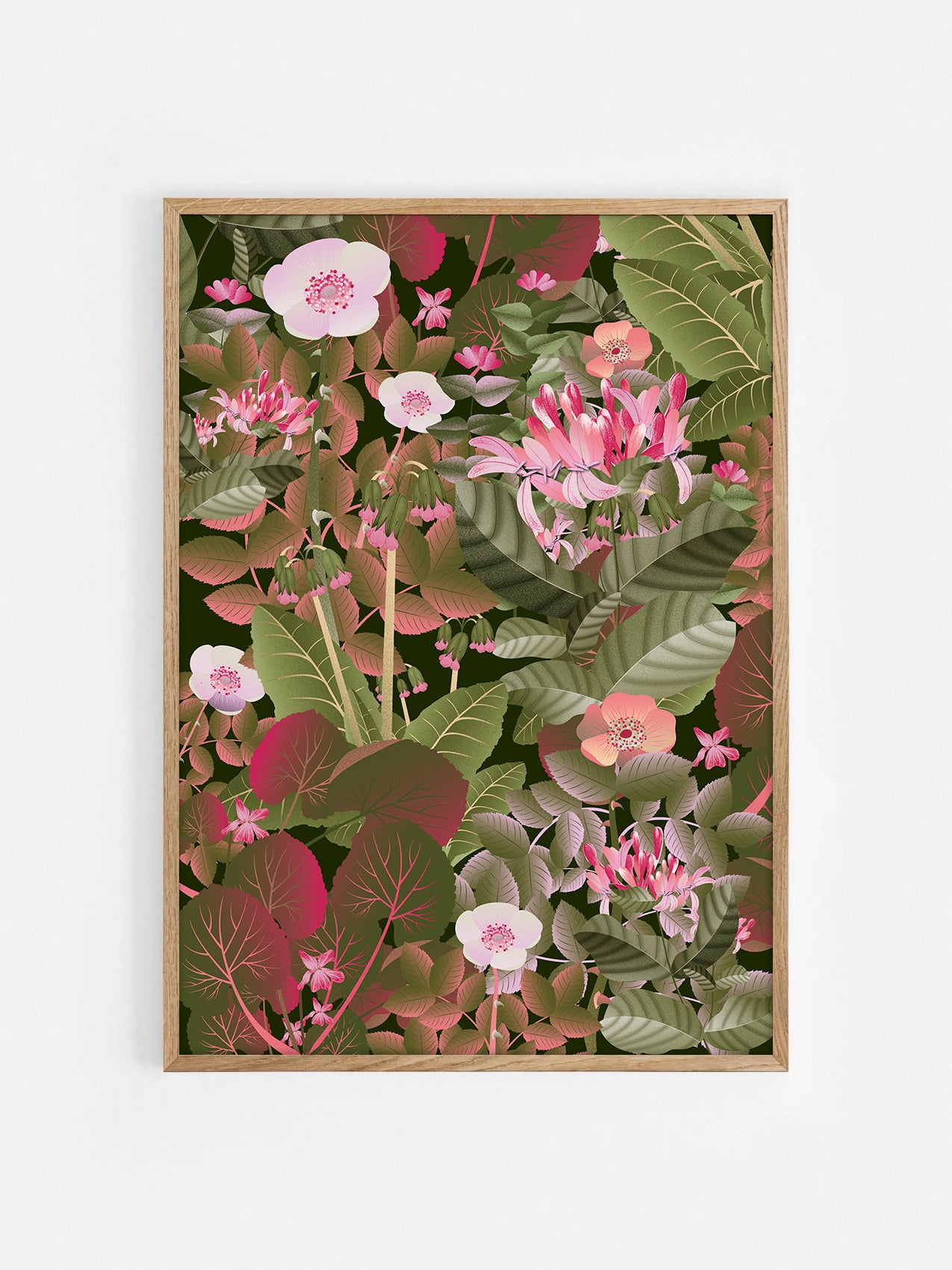 Floral art print 'Flower Fields' with olive, pink, and pomegranate hues, inspired by Shakespeare's enchanted forest - Oak Frame.