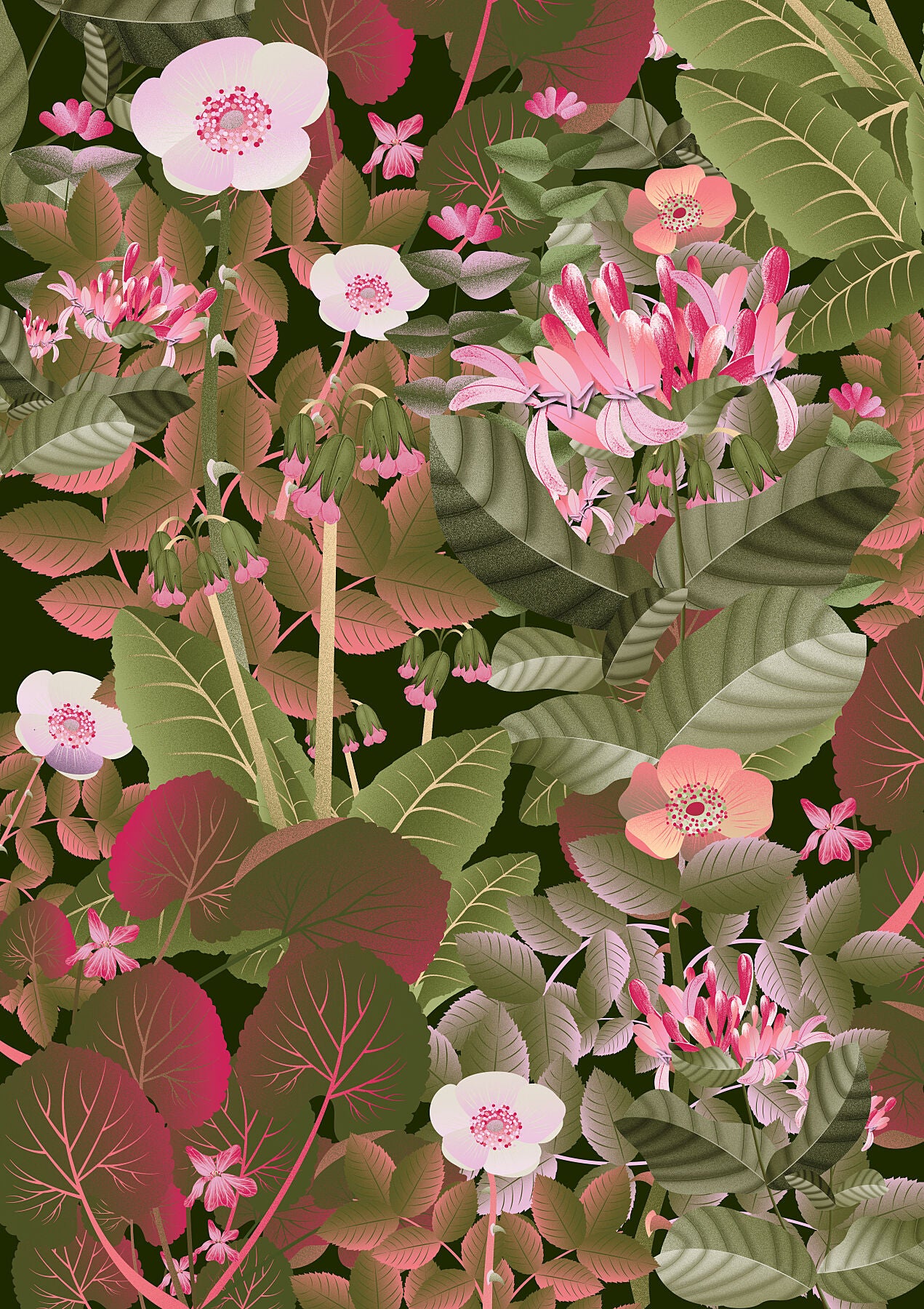 Floral art print 'Flower Fields' with olive, pink, and pomegranate hues, inspired by Shakespeare's enchanted forest - Print Only.