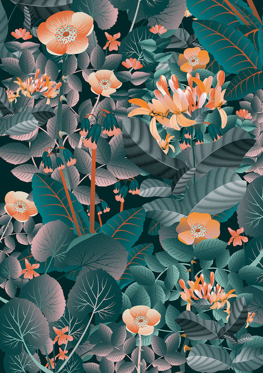 Floral art print 'Flower Fields' with teal, mandarin, and vivid orange hues, inspired by Shakespeare's enchanted forest - Print Only.