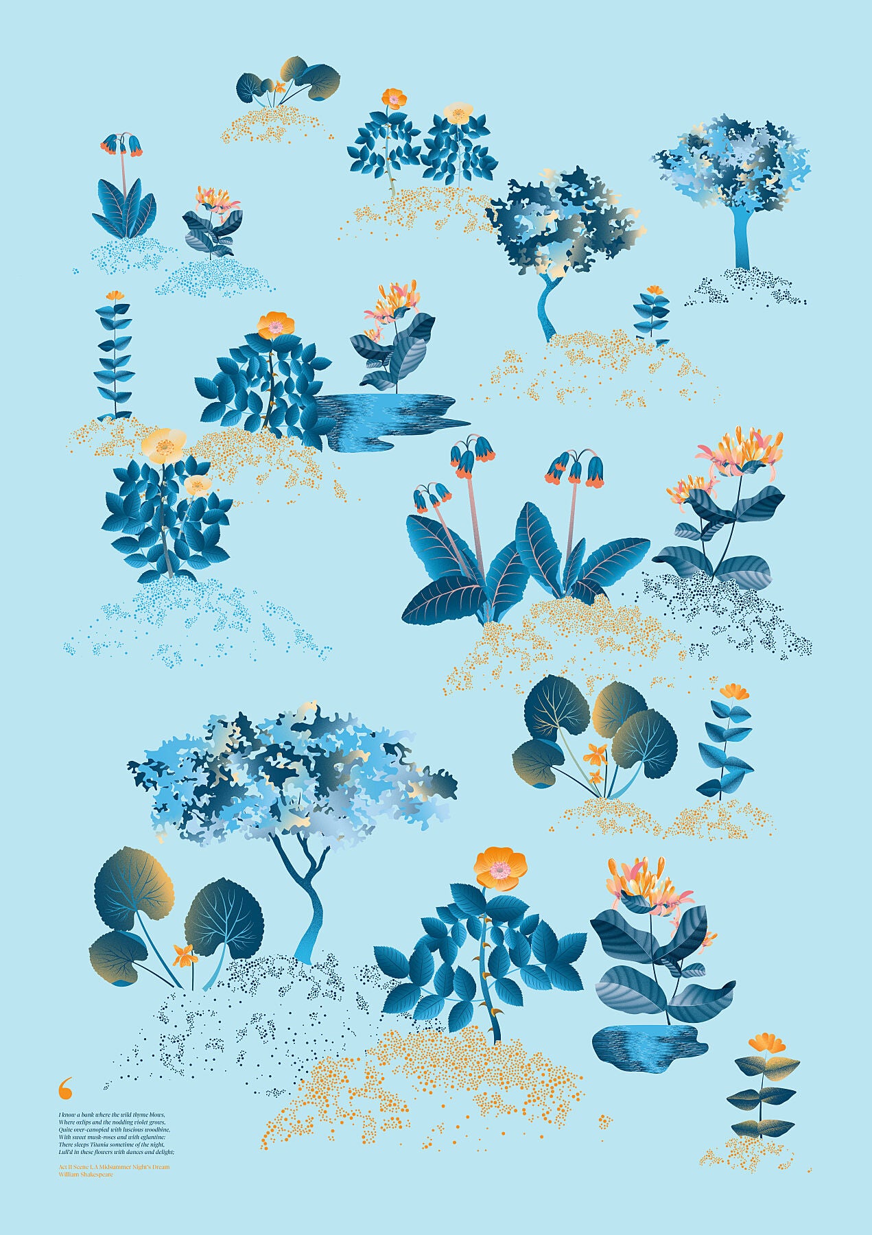 Floral art print 'Midsummer Forest' with blue, orange, and golden hues, inspired by Shakespeare's woodland - Print Only.