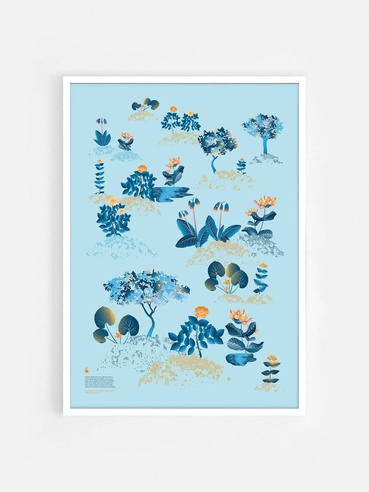 Floral art print 'Midsummer Forest' with blue, orange, and golden hues, inspired by Shakespeare's woodland - White Frame.