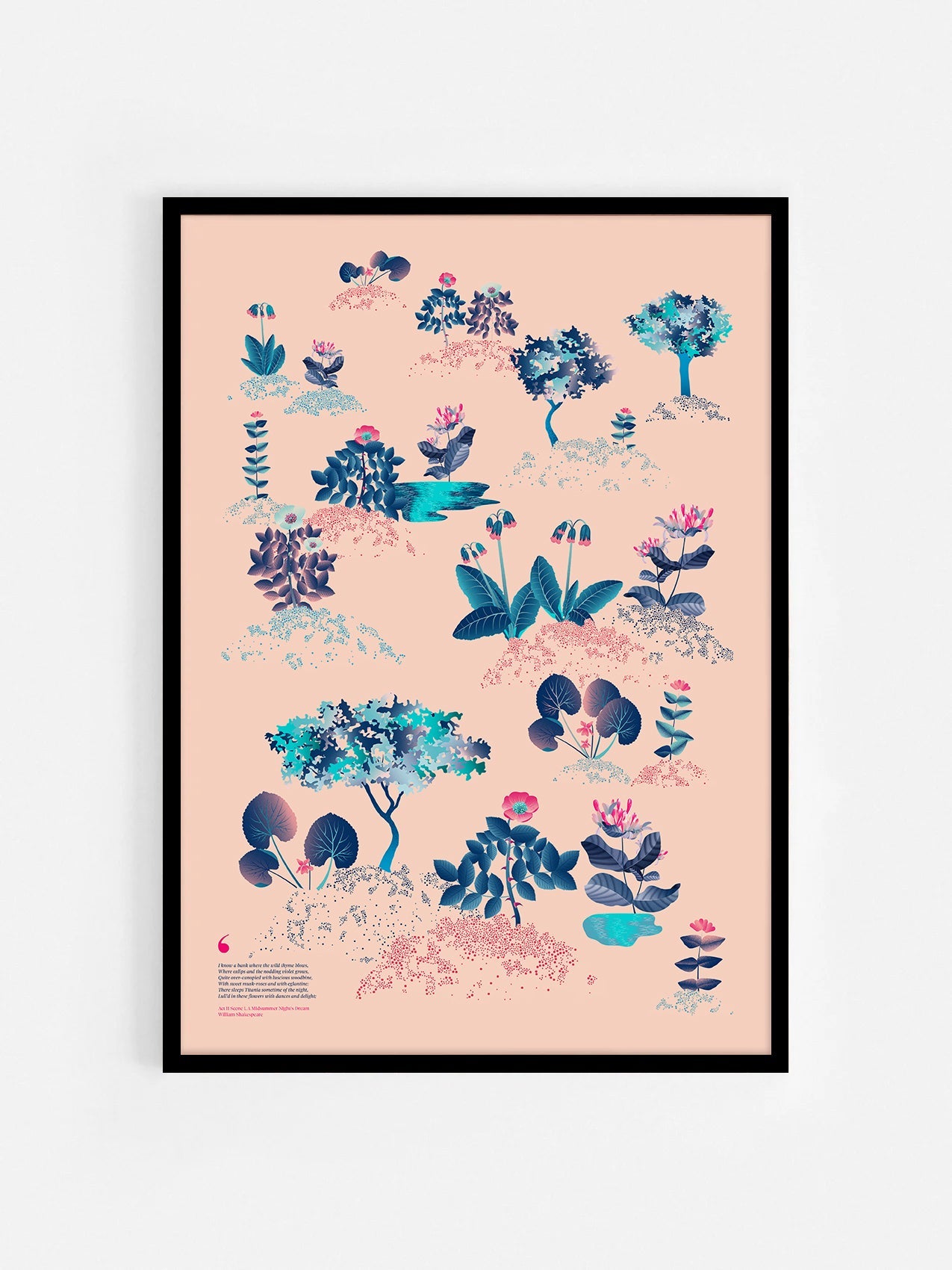 Floral art print 'Midsummer Forest' with ruby red, turquoise, and blue hues, inspired by Shakespeare's woodland - Black Frame.