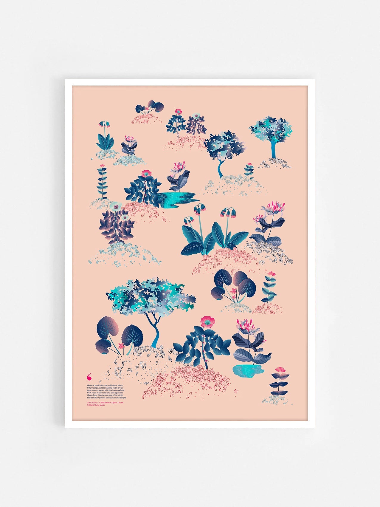 Floral art print 'Midsummer Forest' with ruby red, turquoise, and blue hues, inspired by Shakespeare's woodland - White Frame.