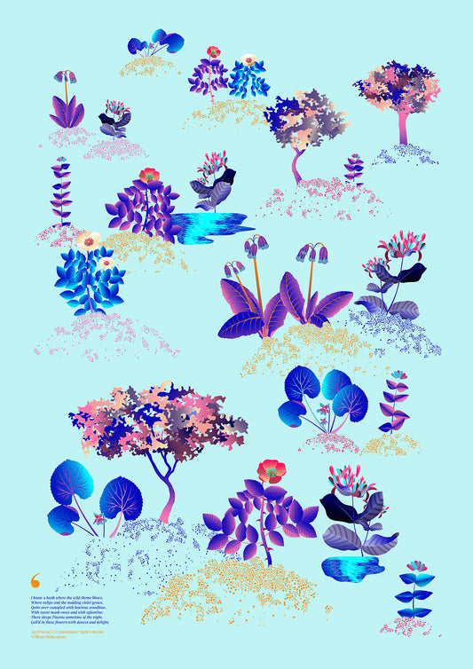 Floral art print 'Midsummer Forest' with electric blue, day-glow, and buttercup hues, inspired by Shakespeare's woodland - Print Only.
