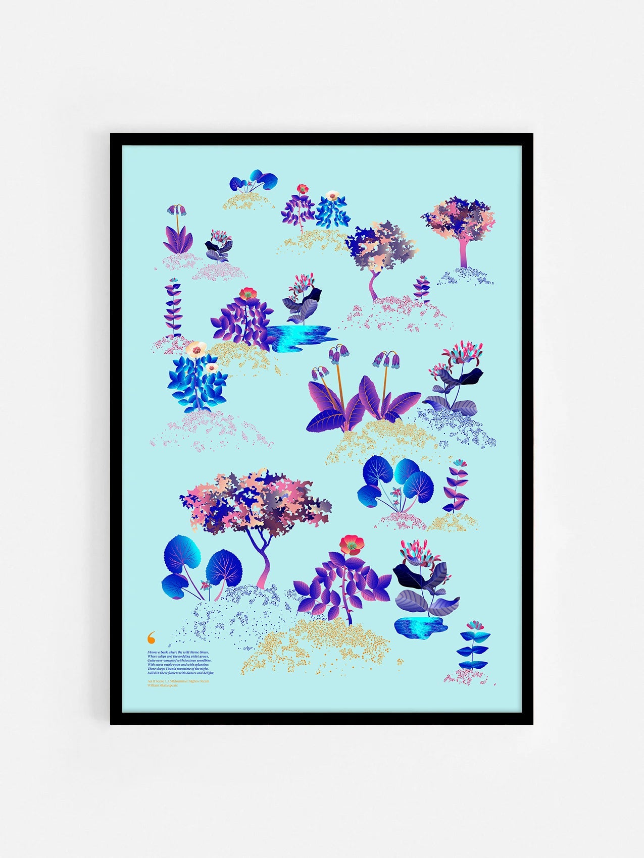 Floral art print 'Midsummer Forest' with electric blue, day-glow, and buttercup hues, inspired by Shakespeare's woodland - Black Frame.