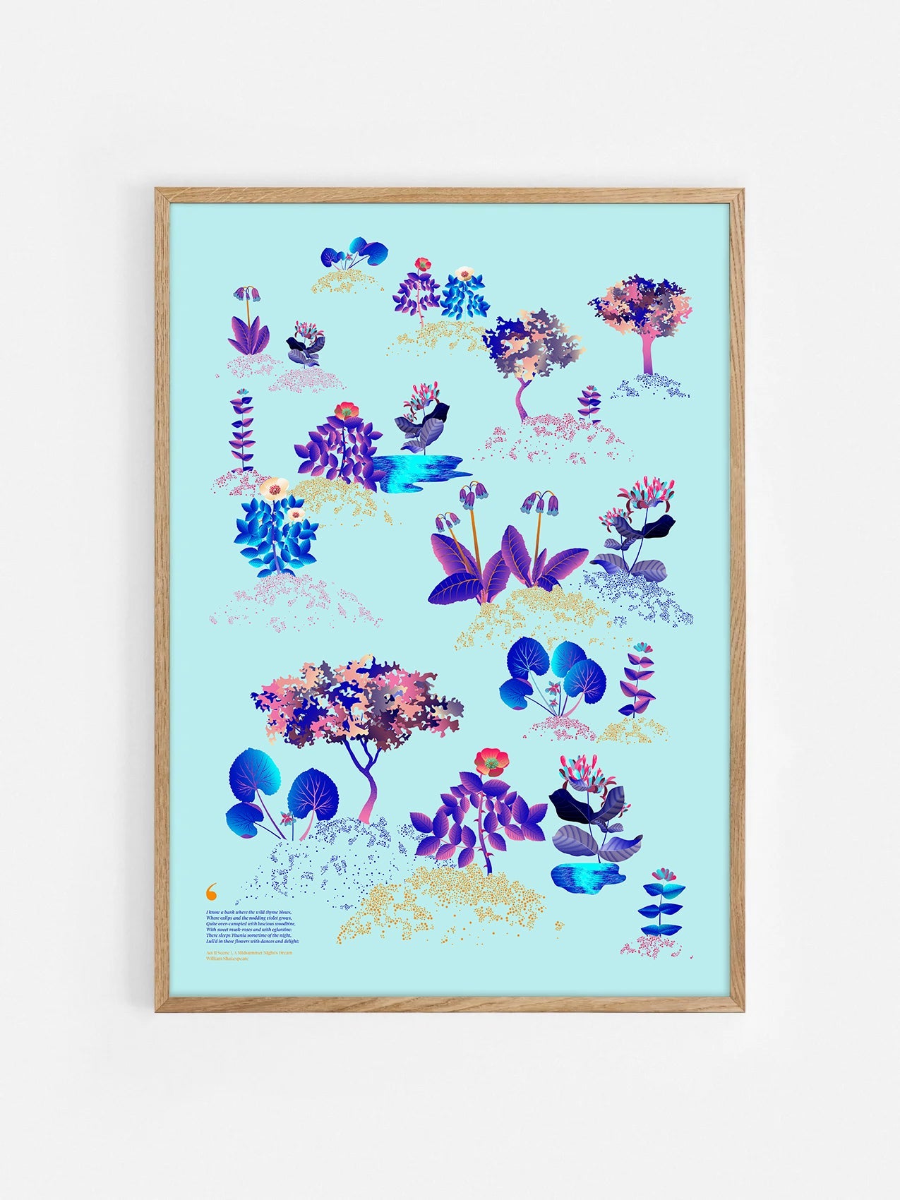 Floral art print 'Midsummer Forest' with electric blue, day-glow, and buttercup hues, inspired by Shakespeare's woodland - Oak Frame.