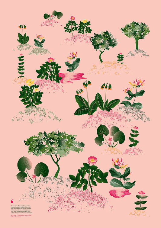 Floral art print 'Midsummer Forest' with forest green, saffron, and magenta hues, inspired by Shakespeare's woodland - Print Only.