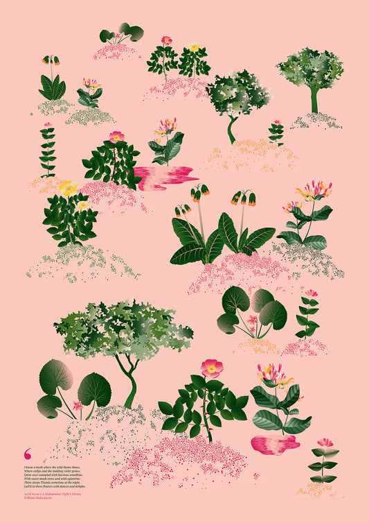 Floral art print 'Midsummer Forest' with forest green, saffron, and magenta hues, inspired by Shakespeare's woodland - Print Only.