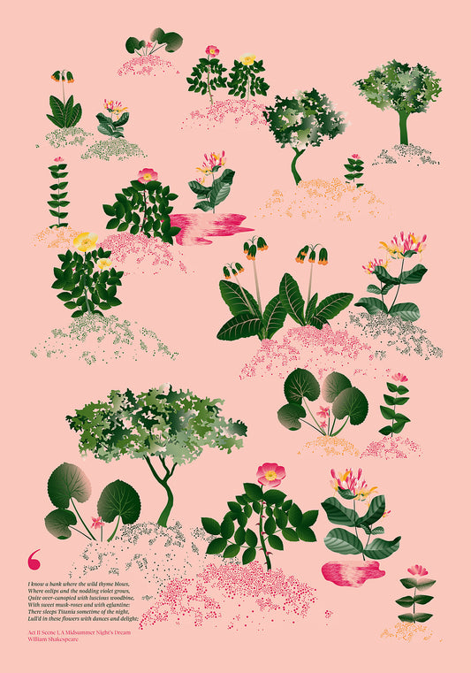 Floral art print 'Midsummer Forest' with forest green, saffron, and magenta hues, inspired by Shakespeare's woodland - Print Only.