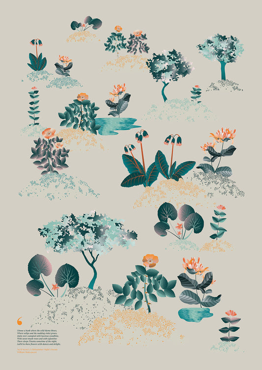 Floral art print 'Midsummer Forest' with teal, mandarin, and orange hues, inspired by Shakespeare's woodland - Print Only.