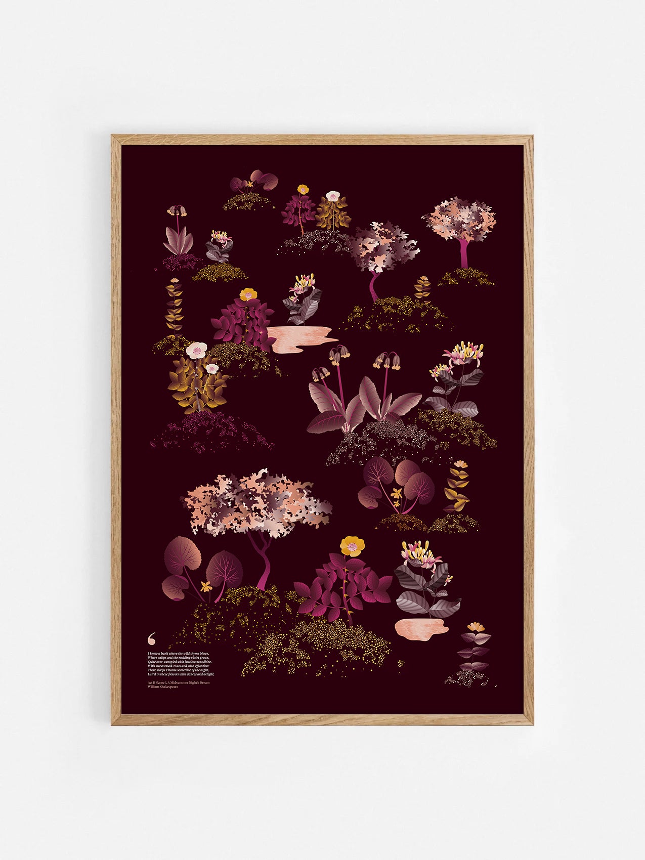 Floral art print 'Midsummer Forest' with aubergine, rose, and orange hues, inspired by Shakespeare's woodland - Oak Frame.