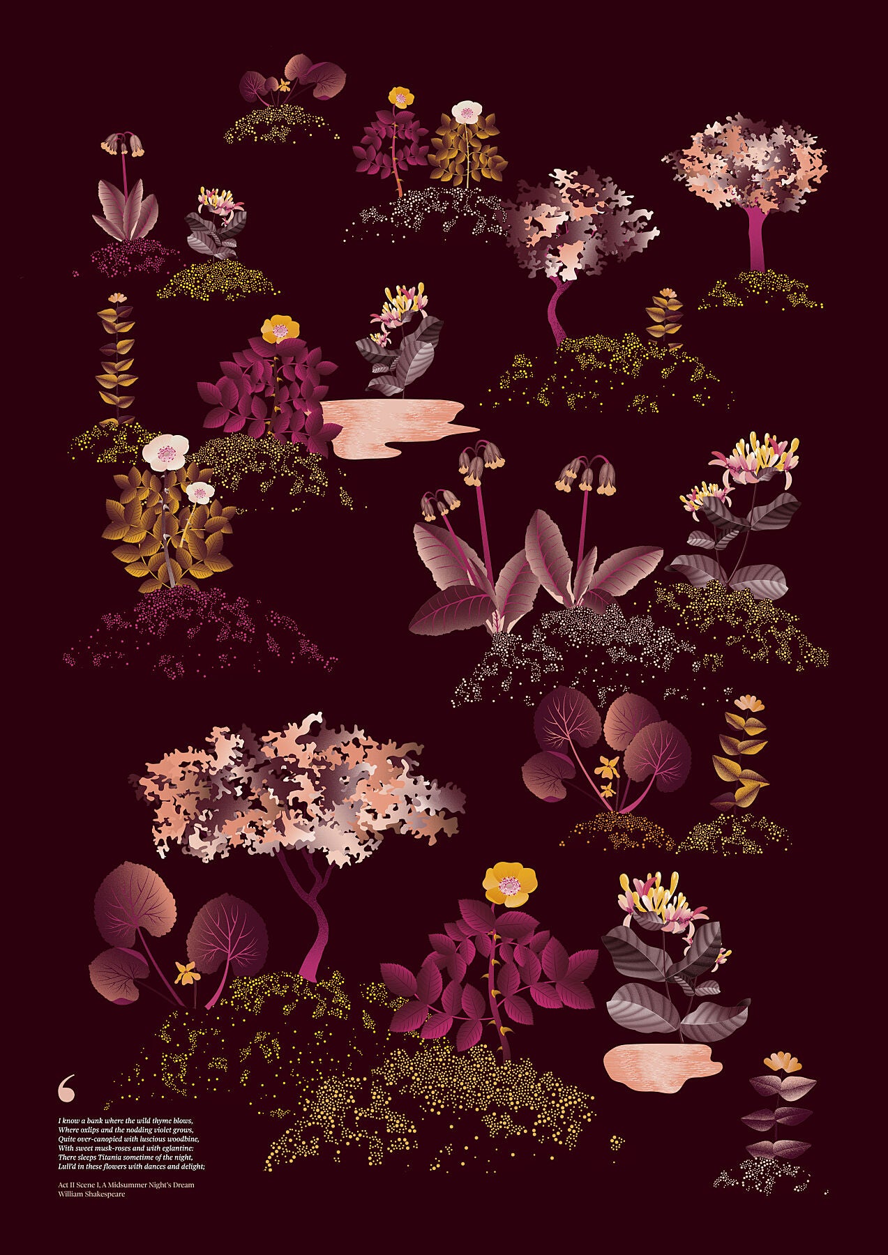 Floral art print 'Midsummer Forest' with aubergine, rose, and orange hues, inspired by Shakespeare's woodland - Print Only.