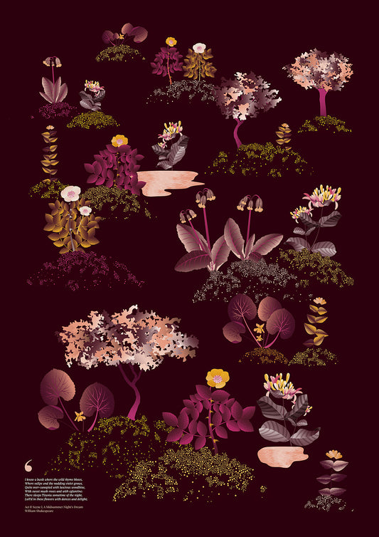 Floral art print 'Midsummer Forest' with aubergine, rose, and orange hues, inspired by Shakespeare's woodland - Print Only.