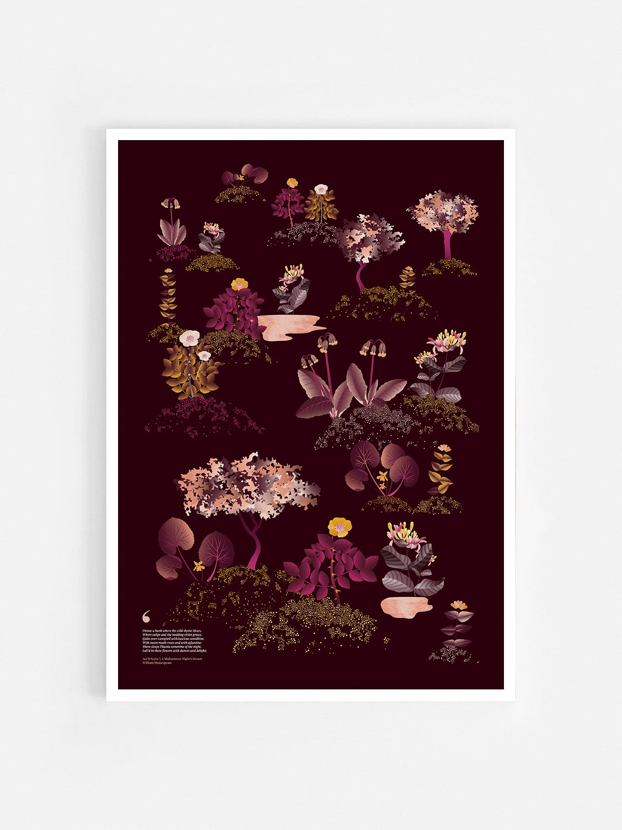Floral art print 'Midsummer Forest' with aubergine, rose, and orange hues, inspired by Shakespeare's woodland - White Frame.