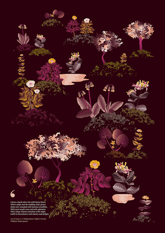 Floral art print 'Midsummer Forest' with aubergine, rose, and orange hues, inspired by Shakespeare's woodland - Print Only.