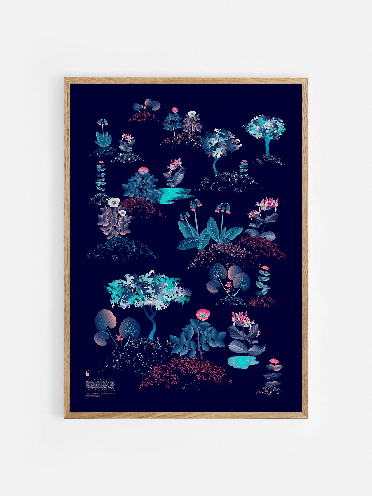 Floral art print 'Midsummer Forest' with ruby red, turquoise, and blue hues, inspired by Shakespeare's woodland - Oak Frame.