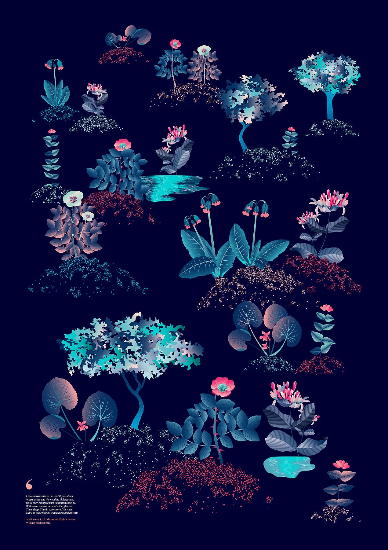 Floral art print 'Midsummer Forest' with ruby red, turquoise, and blue hues, inspired by Shakespeare's woodland - Print Only.