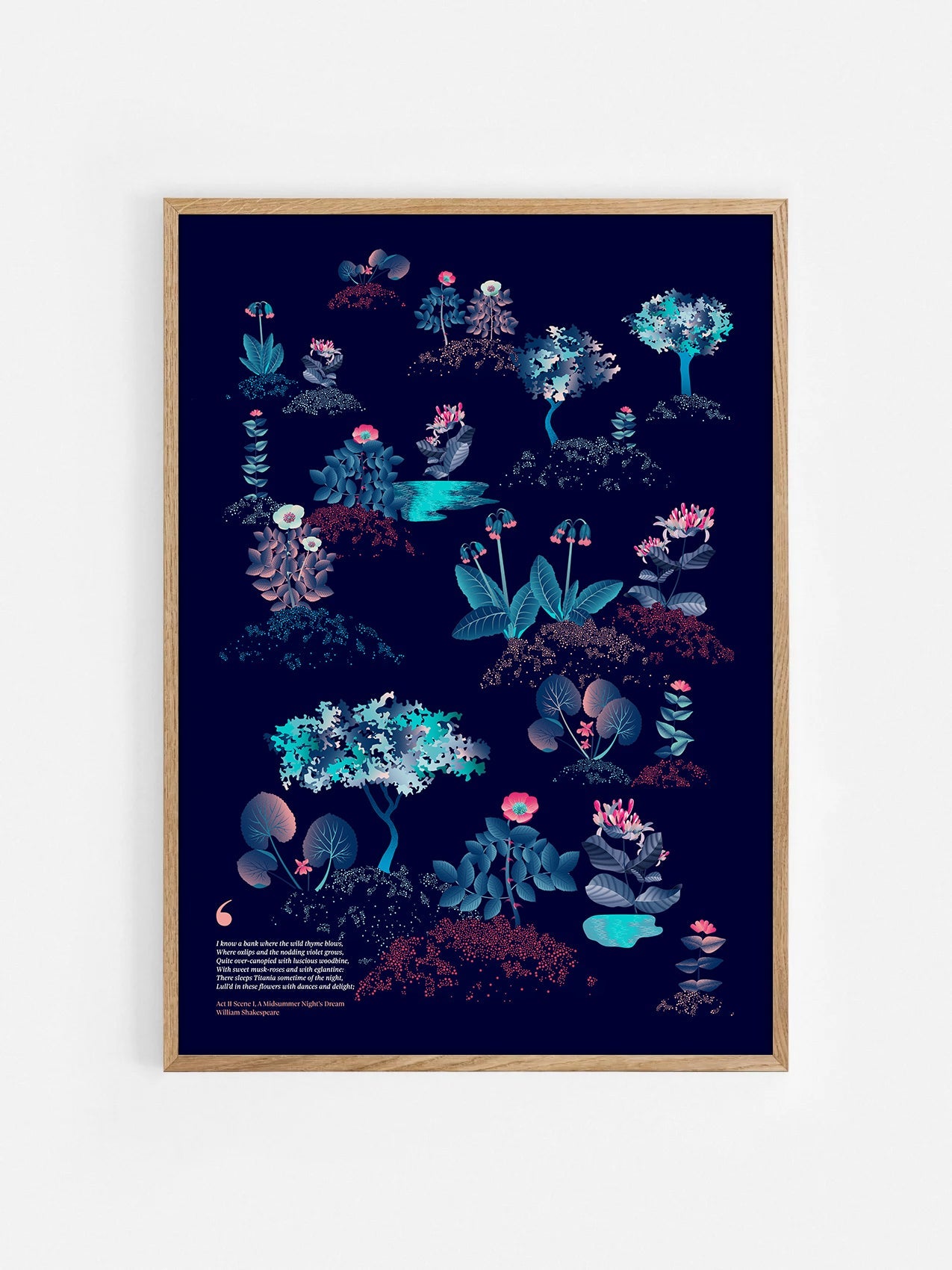 Floral art print 'Midsummer Forest' with ruby red, turquoise, and blue hues, inspired by Shakespeare's woodland - Oak Frame.