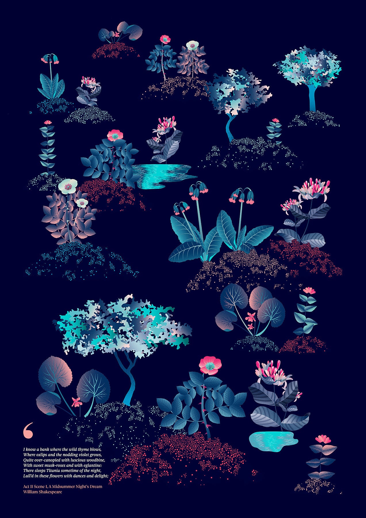 Floral art print 'Midsummer Forest' with ruby red, turquoise, and blue hues, inspired by Shakespeare's woodland - Print Only.