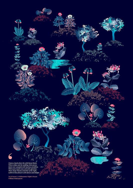 Floral art print 'Midsummer Forest' with ruby red, turquoise, and blue hues, inspired by Shakespeare's woodland - Print Only.
