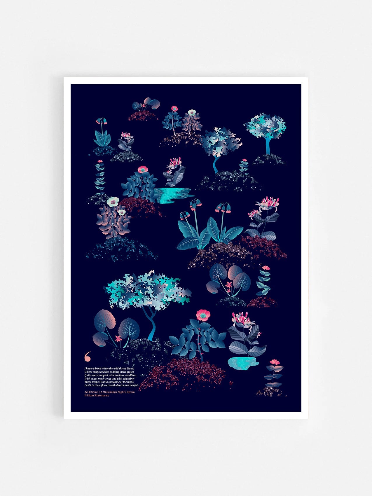 Floral art print 'Midsummer Forest' with ruby red, turquoise, and blue hues, inspired by Shakespeare's woodland - White Frame.