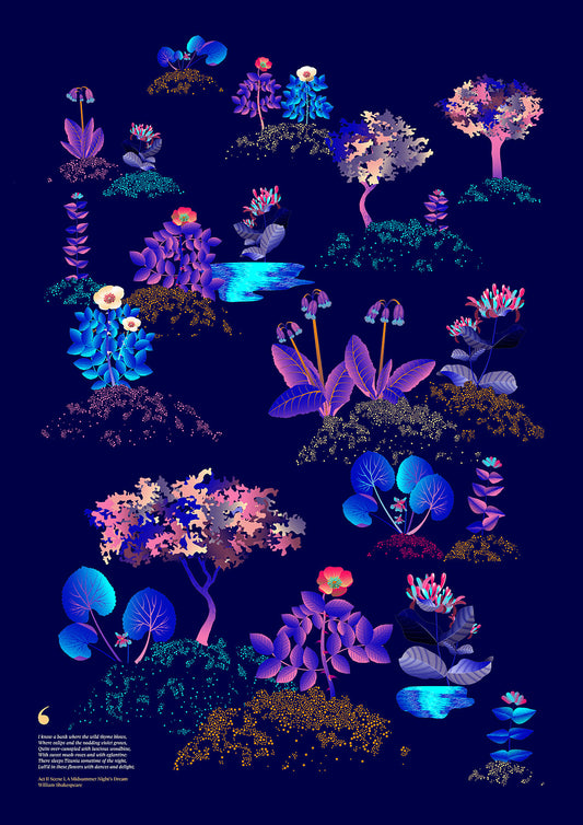Floral art print 'Midsummer Forest' with electric blue, day-glow, and buttercup hues, inspired by Shakespeare's woodland - Print Only.