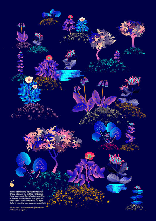 Floral art print 'Midsummer Forest' with electric blue, day-glow, and buttercup hues, inspired by Shakespeare's woodland - Print Only.