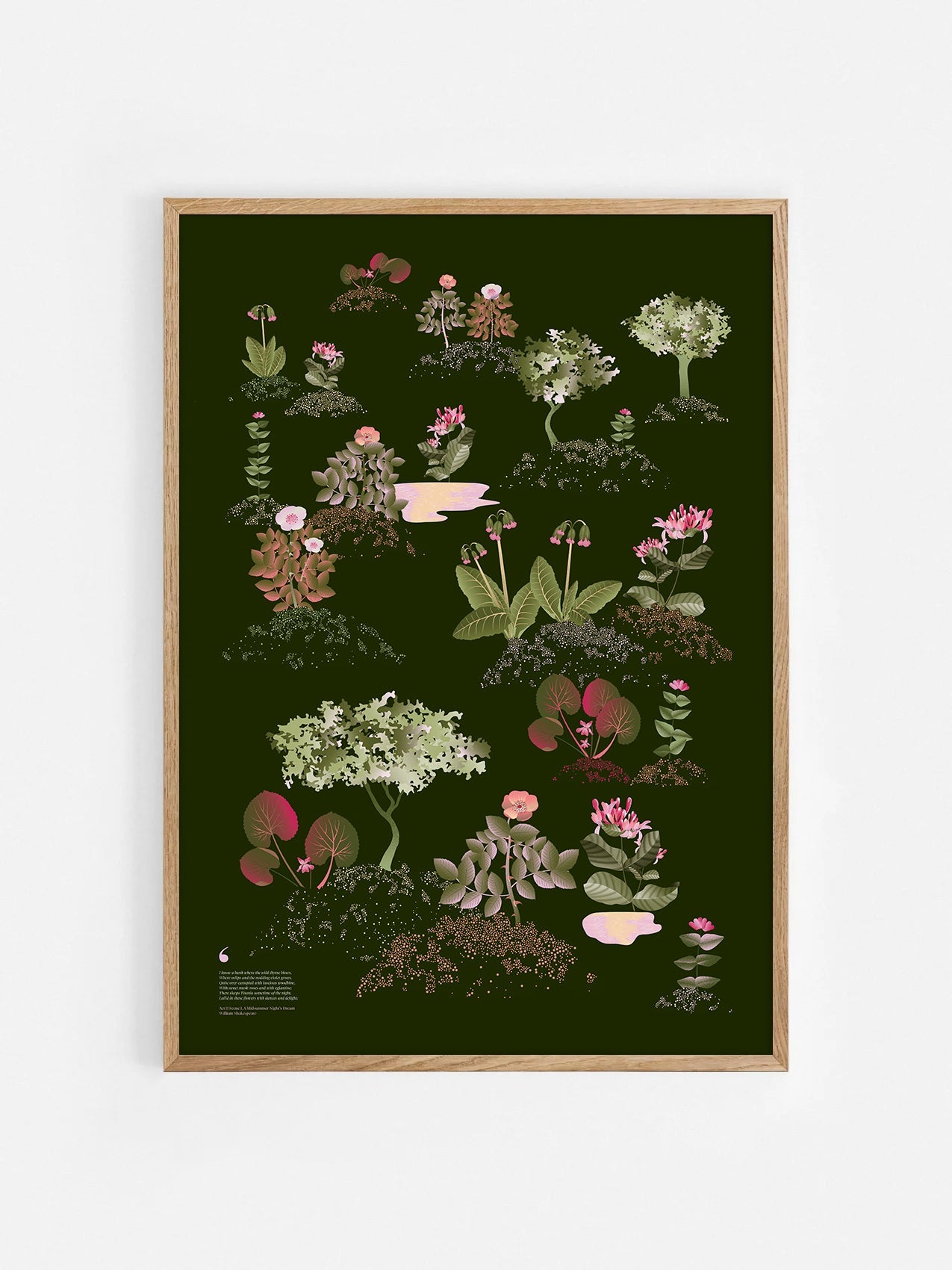 Floral art print 'Midsummer Forest' with olive, pink, and pomegranate hues, inspired by Shakespeare's woodland - Oak Frame.