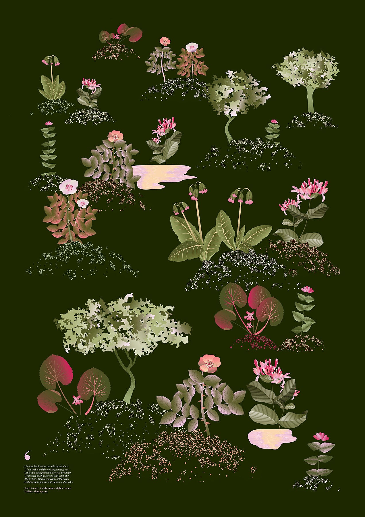 Floral art print 'Midsummer Forest' with olive, pink, and pomegranate hues, inspired by Shakespeare's woodland - Print Only.