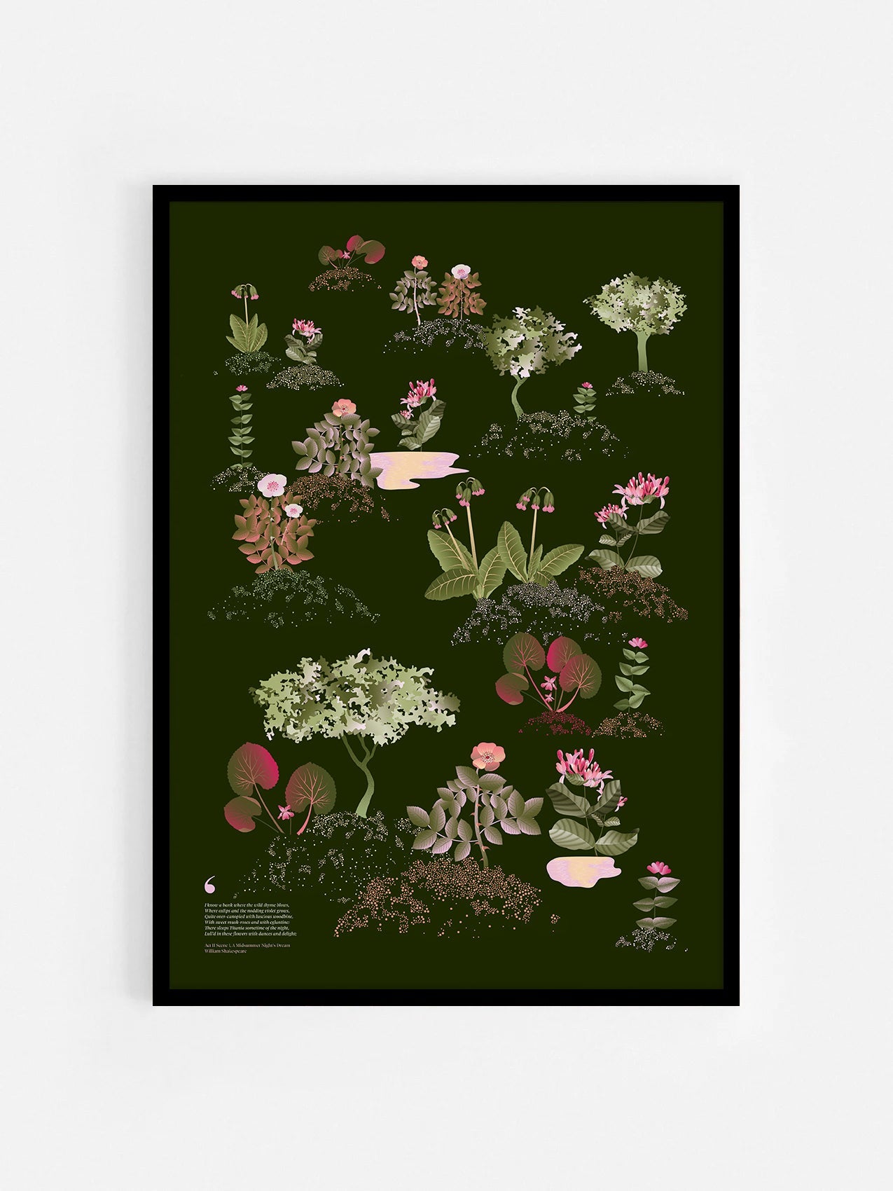 Floral art print 'Midsummer Forest' with olive, pink, and pomegranate hues, inspired by Shakespeare's woodland - Black Frame.