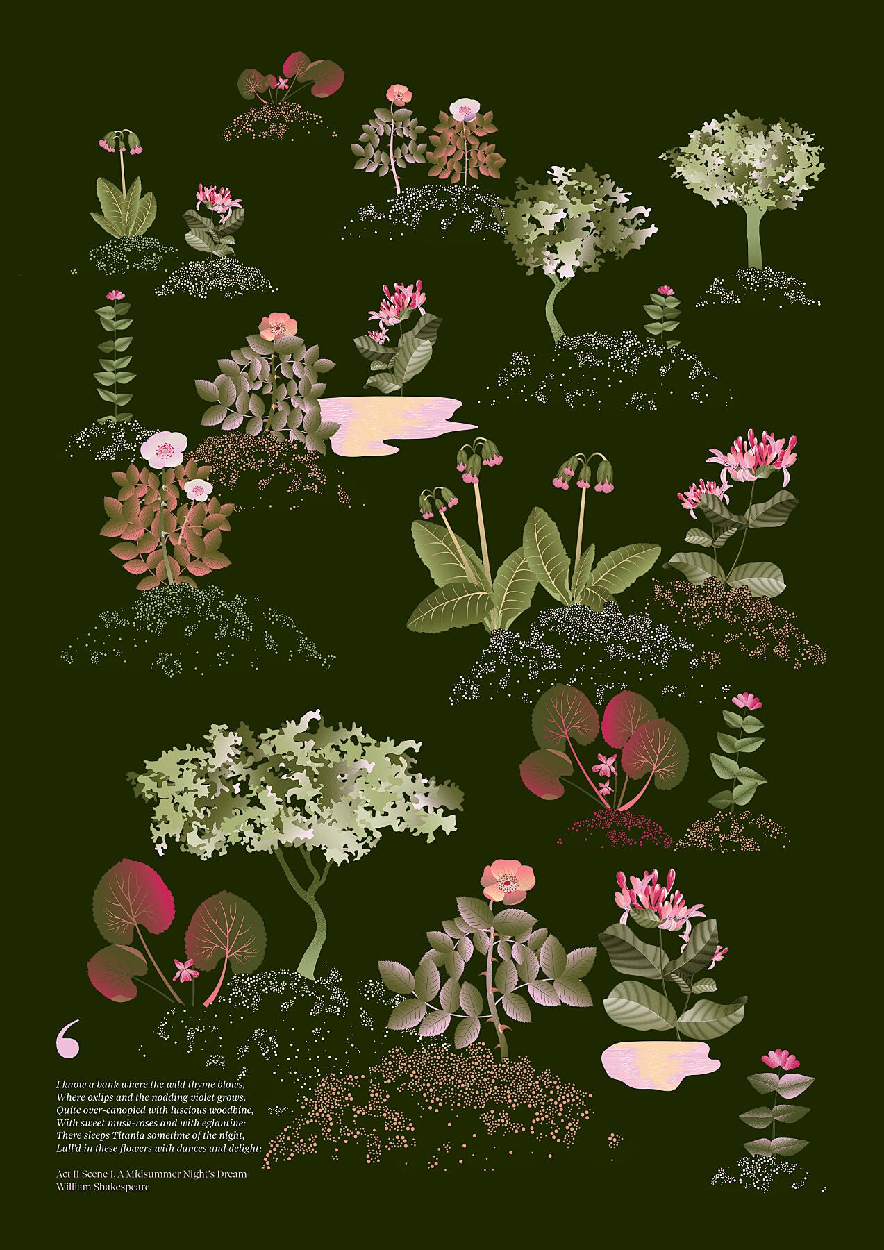 Floral art print 'Midsummer Forest' with olive, pink, and pomegranate hues, inspired by Shakespeare's woodland - Print Only.