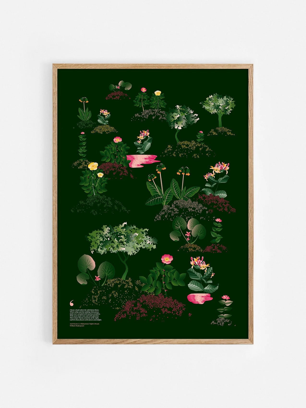 Floral art print 'Midsummer Forest' with forest green, saffron, and magenta hues, inspired by Shakespeare's woodland - Oak Frame.