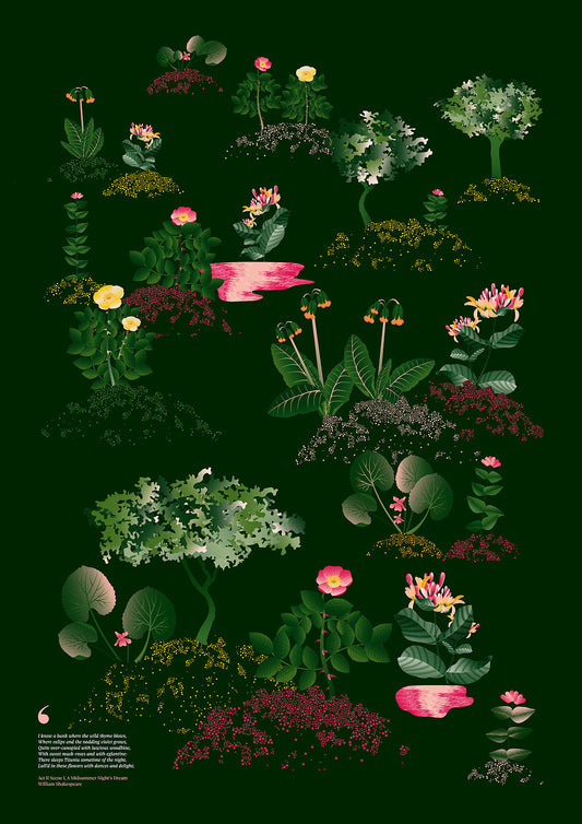 Floral art print 'Midsummer Forest' with forest green, saffron, and magenta hues, inspired by Shakespeare's woodland - Print Only.