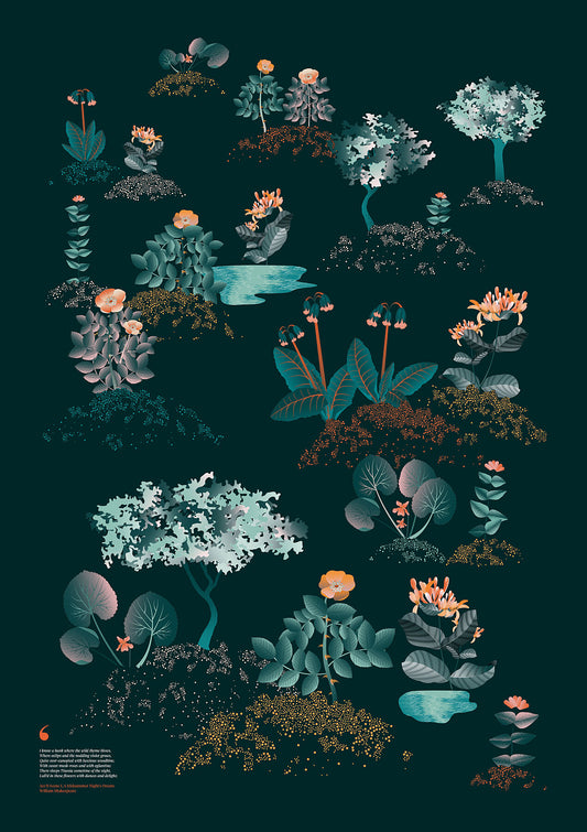 Floral art print 'Midsummer Forest' with teal, mandarin, and orange hues, inspired by Shakespeare's woodland - Print Only.