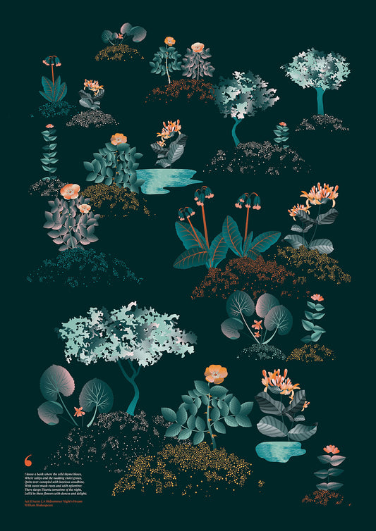 Floral art print 'Midsummer Forest' with teal, mandarin, and orange hues, inspired by Shakespeare's woodland - Print Only.