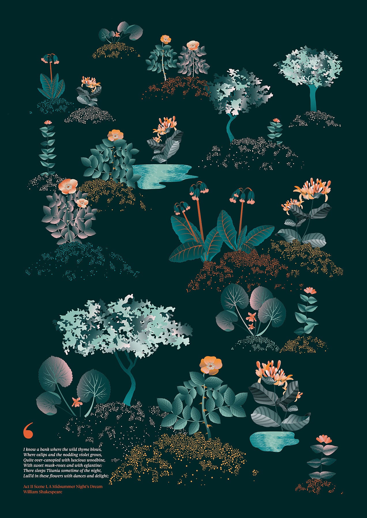 Floral art print 'Midsummer Forest' with teal, mandarin, and orange hues, inspired by Shakespeare's woodland - Print Only.
