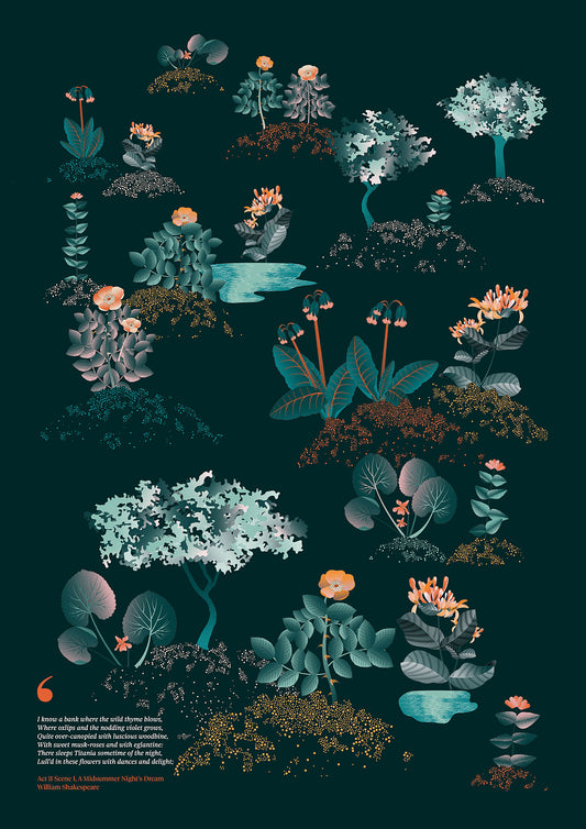 Floral art print 'Midsummer Forest' with teal, mandarin, and orange hues, inspired by Shakespeare's woodland - Print Only.