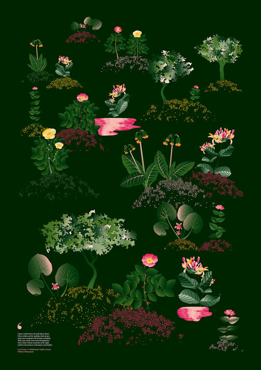 Floral art print 'Midsummer Forest' with forest green, saffron, and magenta hues, inspired by Shakespeare's woodland - Print Only.