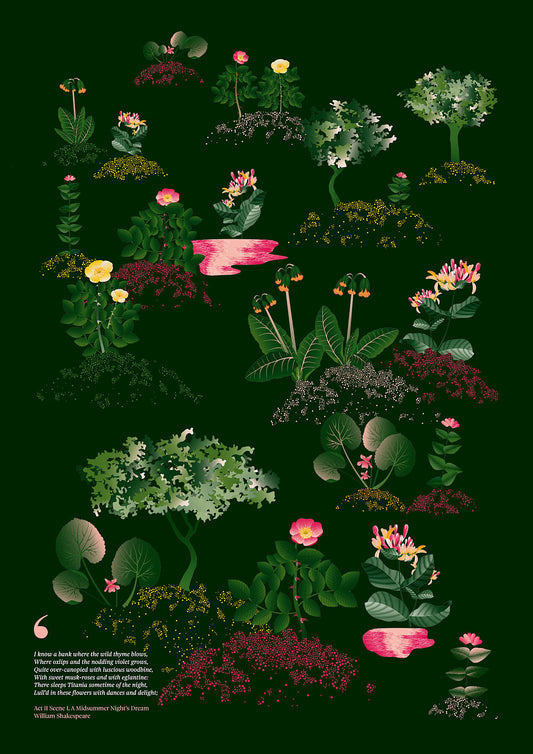 Floral art print 'Midsummer Forest' with forest green, saffron, and magenta hues, inspired by Shakespeare's woodland - Print Only.