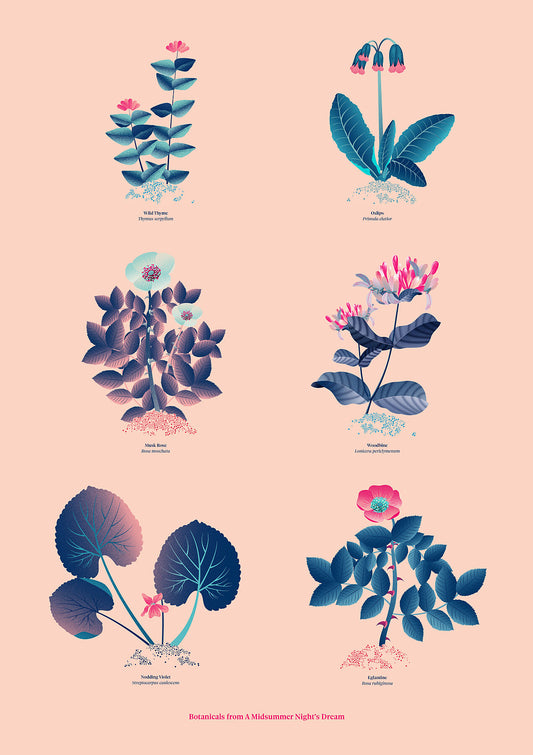 Floral art print 'The Forest's Flora' with ruby red, turquoise, and blue hues, inspired by Shakespeare's woodland - Print Only.